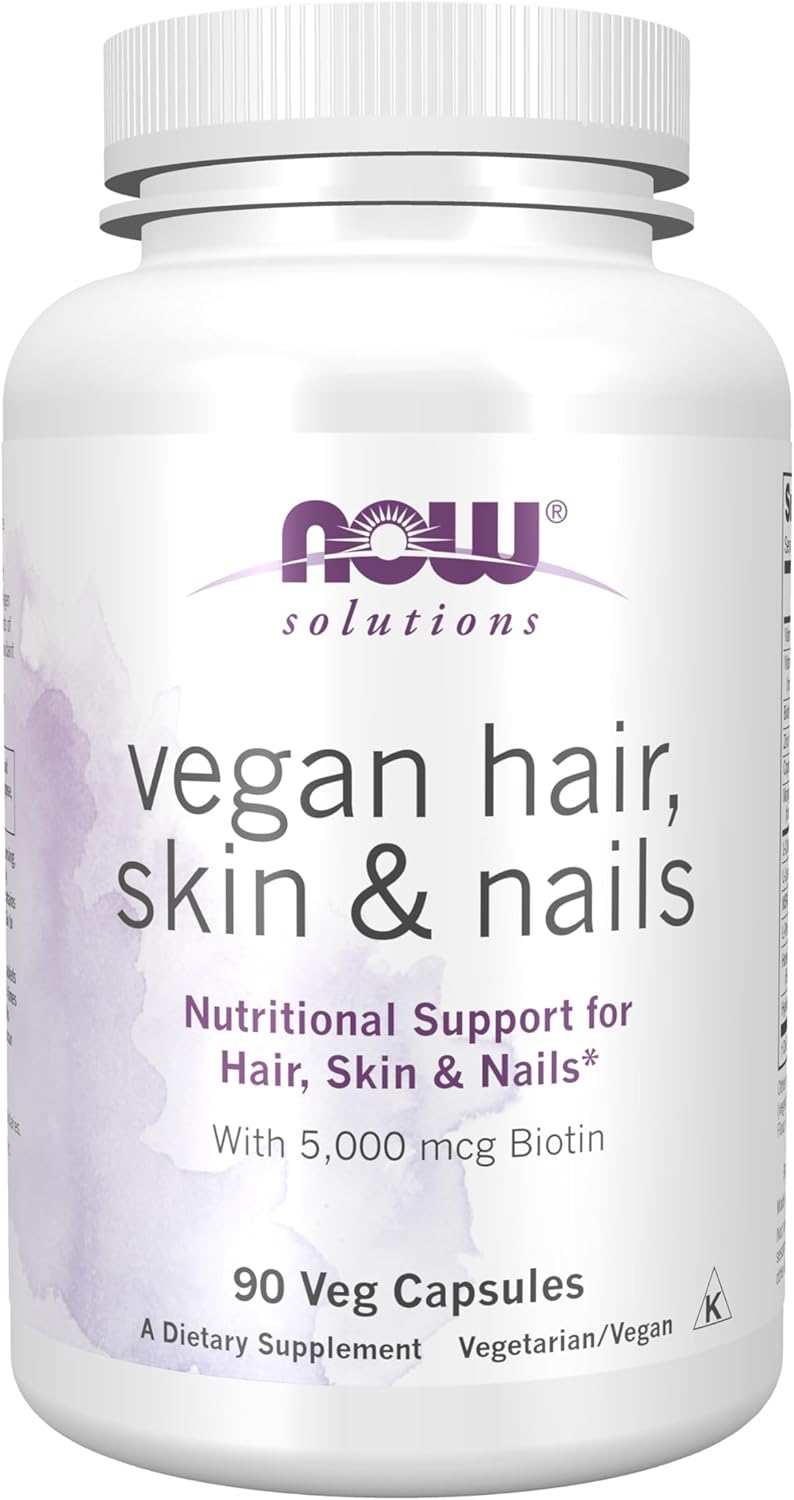 NOW Foods Solutions, Vegan Hair, Skin &amp; Nails, Nutritional Support with 5,000 mcg Biotin, 90 Veg Capsules