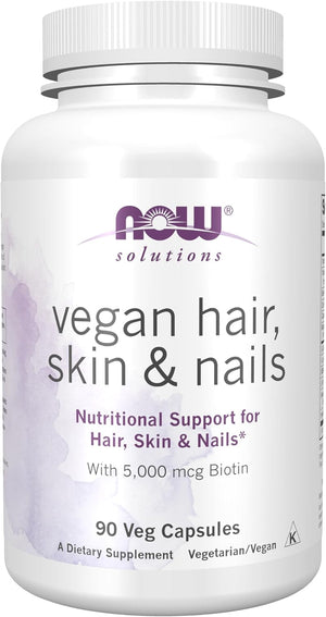 NOW Foods Solutions, Vegan Hair, Skin & Nails, Nutritional Support with 5,000 mcg Biotin, 90 Veg Capsules
