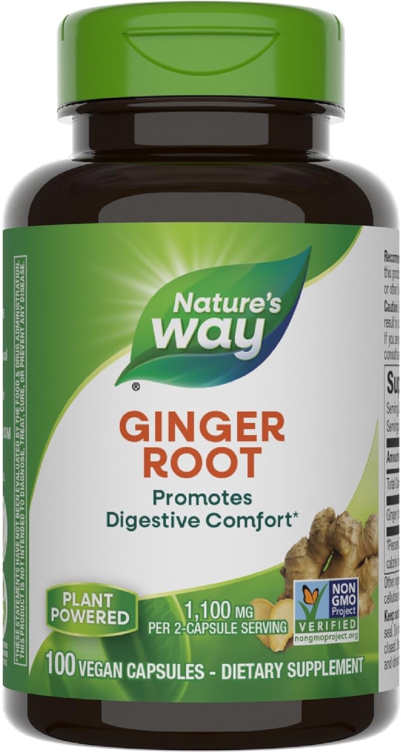 Nature's Way Ginger Root, Promotes Digestive Comfort*, Reduces Nausea Due to Motion*, 1100 mg Per 2-capsule Serving, Non-GMO Project Verified, 100 Capsules