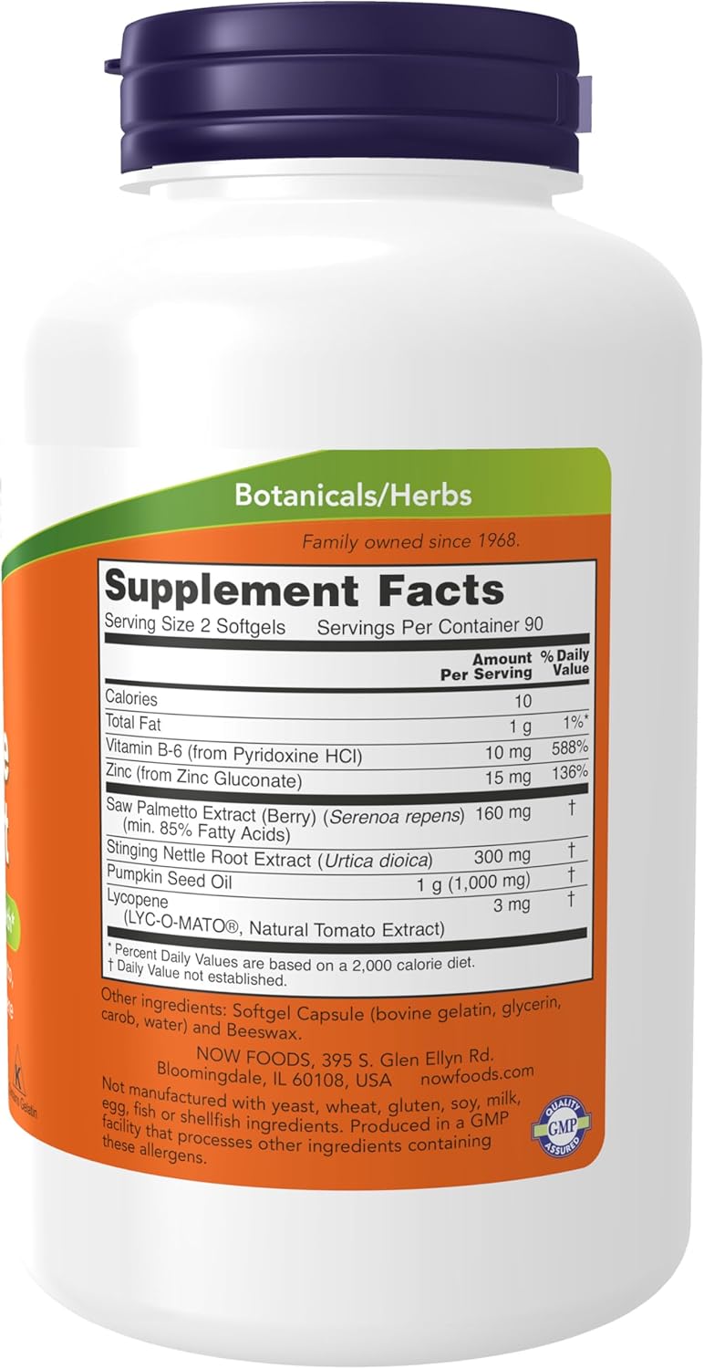 NOW Foods Supplements, Prostate Support, Prostate Support, with Standardized Saw Palmetto, Stinging Nettle &amp; Lycopene, 180 Softgels