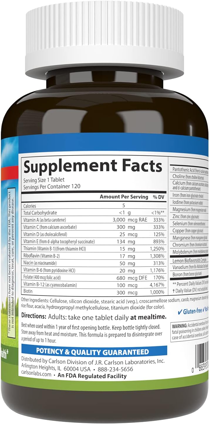 Carlson - Super 1 Daily, Vegetarian Multiple Formula, Multivitamin, Optimal Wellness, 120 Tablets