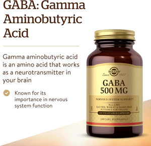 Solgar GABA 500 mg, 100 Vegetable Capsules - Relaxation & Nervous System Support - Amino Acid - Non-GMO, Vegan, Gluten Free, Dairy Free, Kosher - 100 Servings