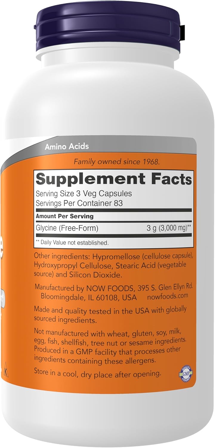 Now Supplements, Glycine 1,000 mg Free-Form, Neurotransmitter Support*, 250 Veg Capsules