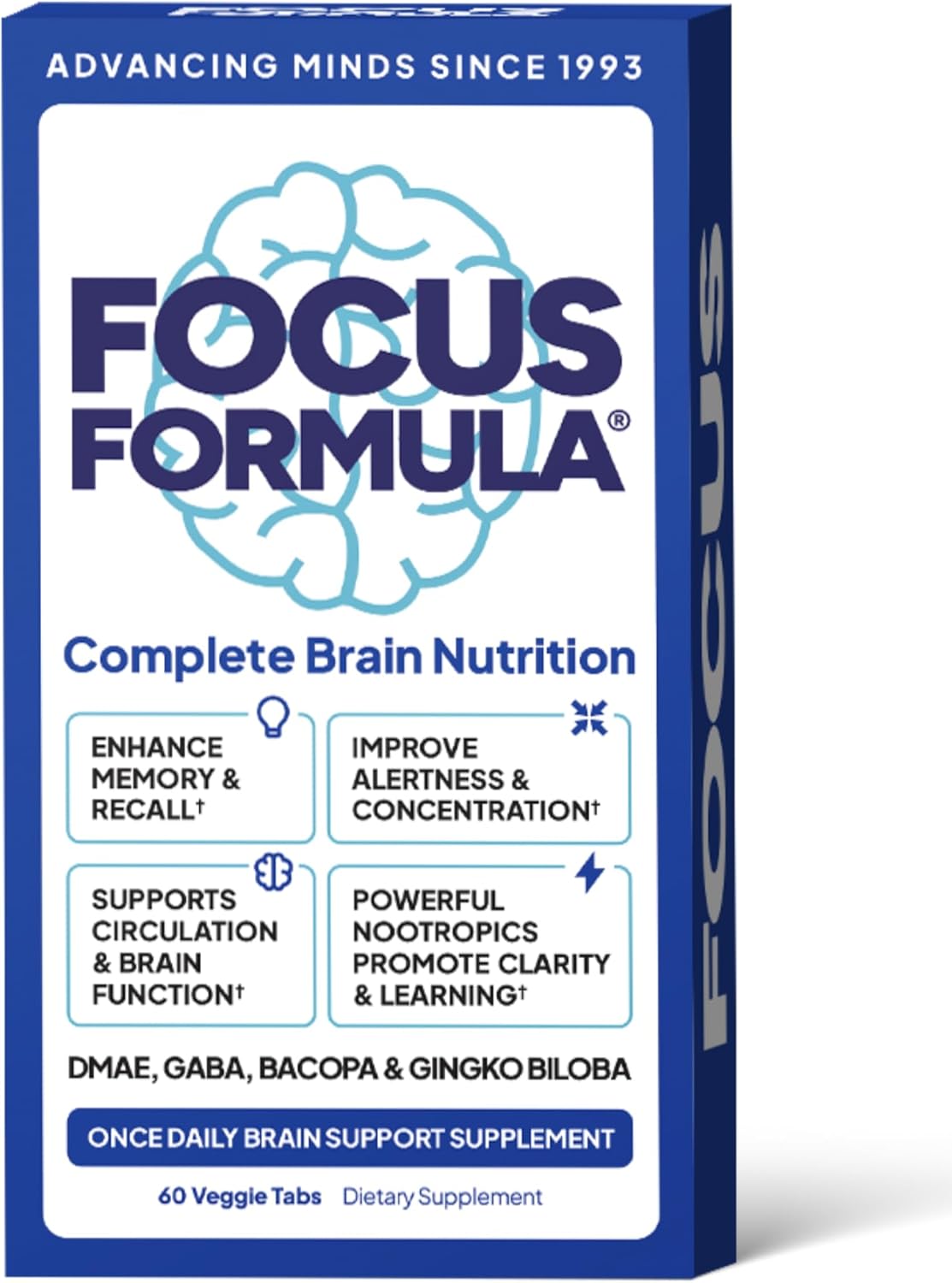 Nootropic Brain Supplement, Focus Capsules for Concentration, Supports Energy, Brain Booster with GABA, DMAE, and BACOPA, Memory Support Supplement, Cognitive Support, 60 Veggie Tablets