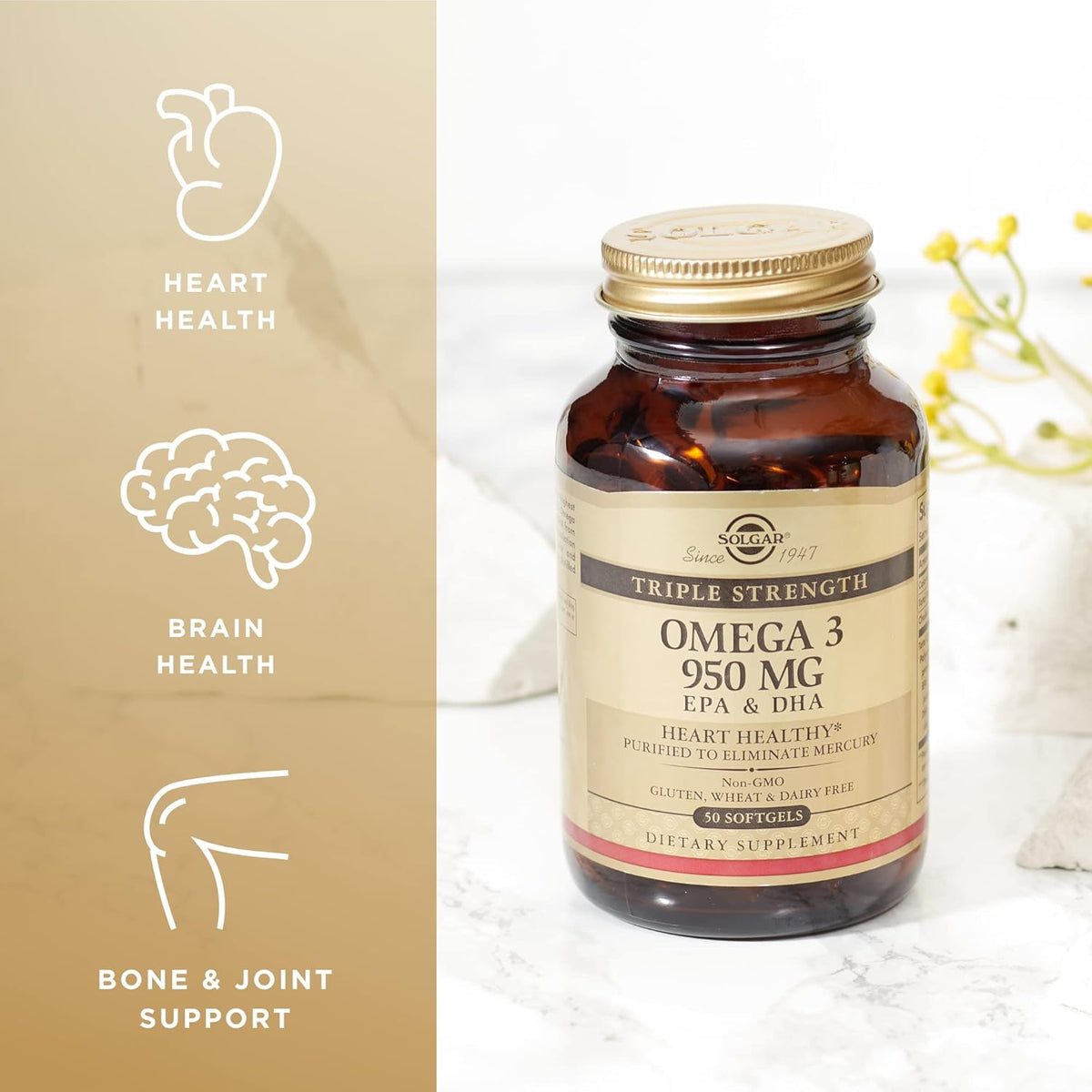 SOLGAR Triple Strength Omega 3 950 mg - 50 Softgels - Supports Joint &amp; Skin Health - Non-GMO, Gluten Free, Dairy Free - 50 Servings