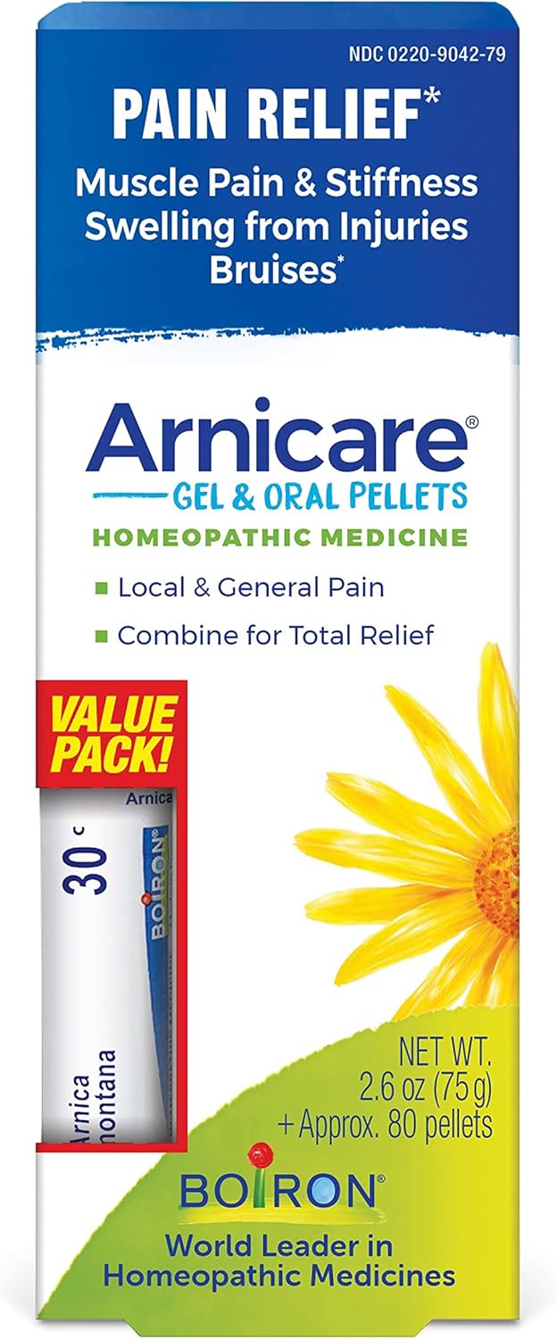 Boiron Arnicare Gel and Arnica 30c Value Pack for Pain Relief, Muscle Soreness, and Swelling from Bruising or Injury - 2.6 oz + 80 Pellet Tube