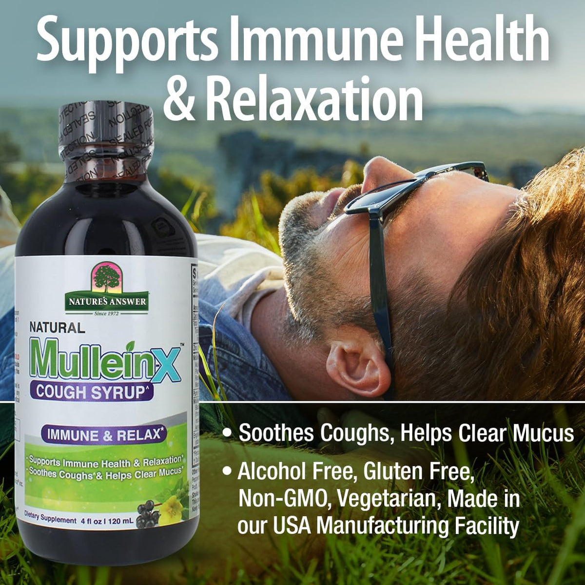 Nature&#39;s Answer Mullein-X Immune &amp; Relax Cough Syrup | 4 Fluid Ounces | Supports Immune &amp; Relaxation | Soothes Cough &amp; Clears Mucus | Non GMO Gluten Free