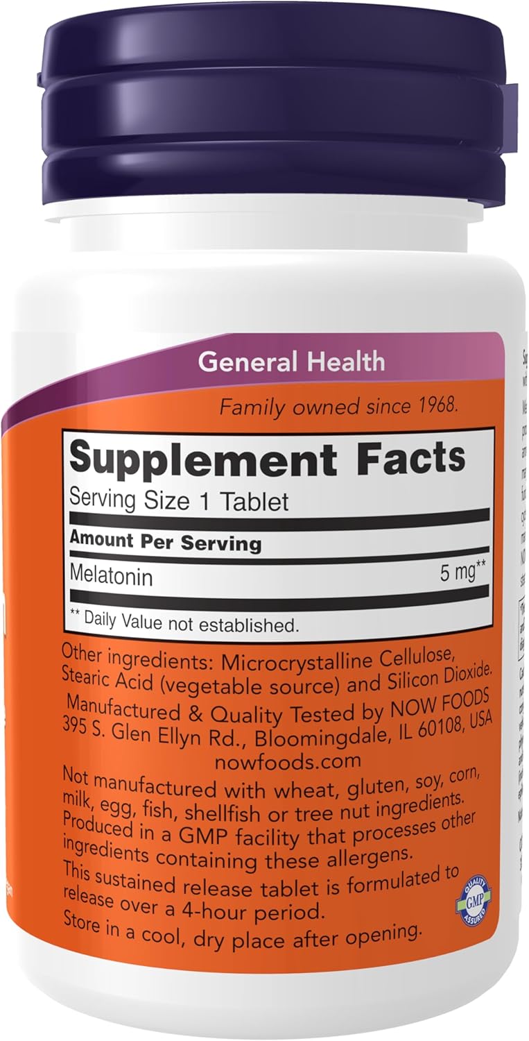 NOW Foods Supplements, Melatonin 5 mg, Sustained Release, Formulated for a 4-Hour Release Period, 120 Tablets