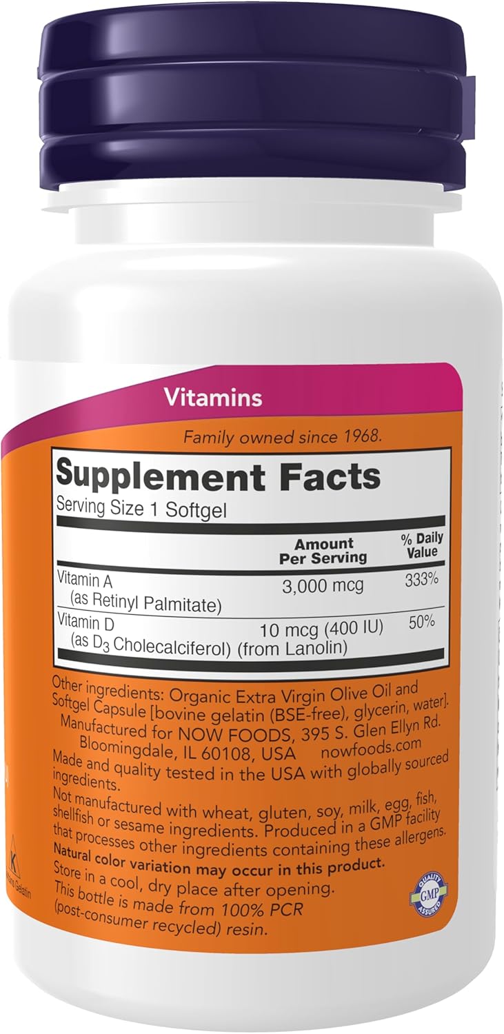 NOW Supplements, Vitamin A &amp; D 10,000/400 IU, Eye Health*, Essential Nutrition, 100 Softgels