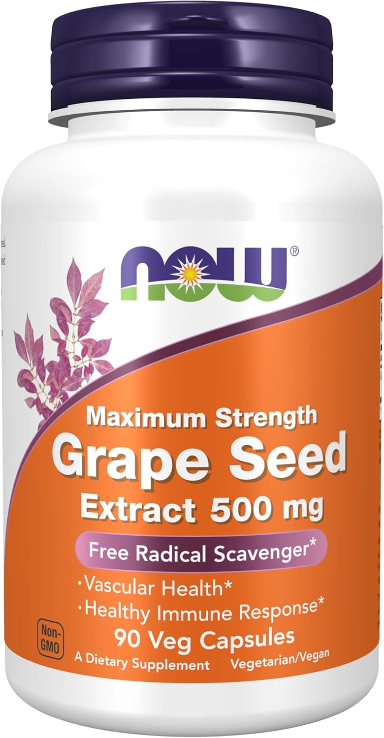 NOW Supplements, Grape Seed Extract, Maximum Strength 500 mg (a Highly Concentrated Extract with a Minimum of 90% Polyphenols), 90 Veg Capsules, Red/Brown, 0.25 pounds