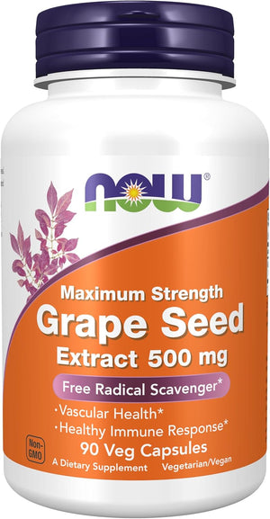 NOW Supplements, Grape Seed Extract, Maximum Strength 500 mg (a Highly Concentrated Extract with a Minimum of 90% Polyphenols), 90 Veg Capsules, Red/Brown, 0.25 pounds