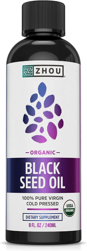 Zhou Organic Black Seed Oil - Black Cumin Seed Oil Cold Pressed, Nigella Sativa, Pure Unrefined Blackseed Liquid, Premium Supplement for Health with Thymoquinone, Omega 3 6 9 - 8 Fl Oz