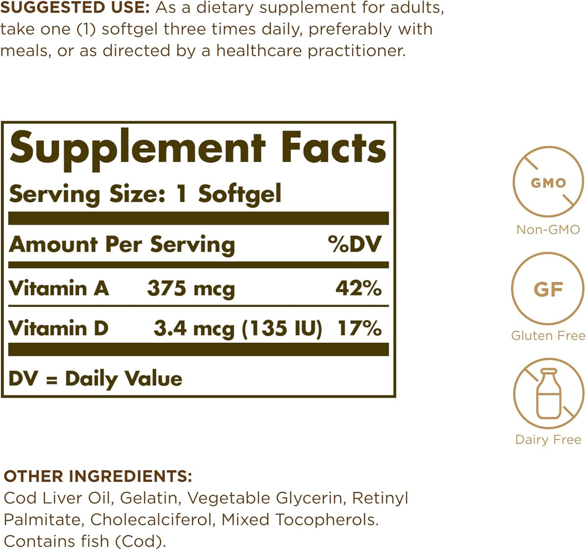 SOLGAR Cod Liver Oil - 250 Softgels- Provides Vitamins A & D - Non-GMO, Gluten Free -250 Total Servings