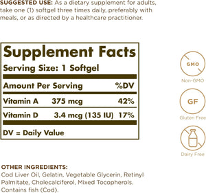 SOLGAR Cod Liver Oil - 250 Softgels- Provides Vitamins A & D - Non-GMO, Gluten Free -250 Total Servings