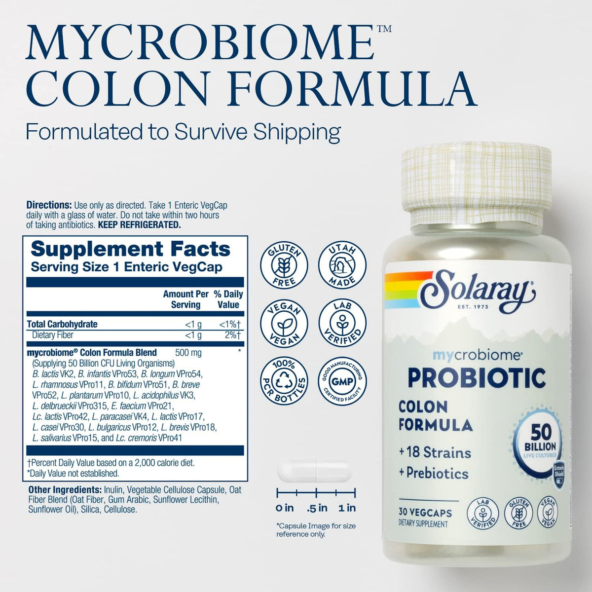 SOLARAY Mycrobiome Probiotic Colon Formula, Vegan, Digestive Function, Colon Health, and Immune System Support, 50 Billion CFU, 18 Strains, Prebiotic Inulin, 60-Day Guarantee, 30 Servings, 30 VegCaps