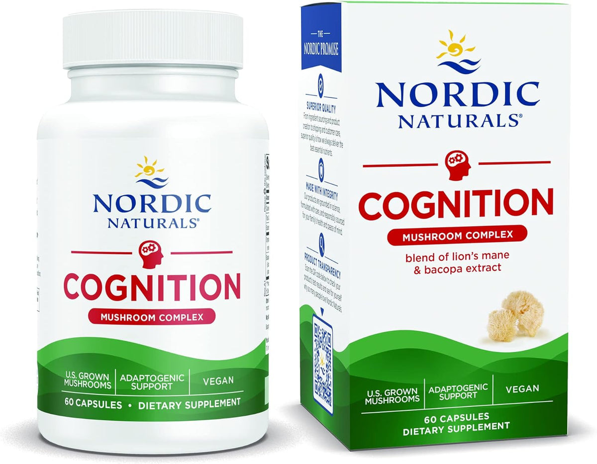Nordic Naturals Cognition Mushroom Complex, Unflavored - 60 Capsules - Brain, Memory &amp; Mood Support - Blend of Lion’s Mane Mushroom &amp; Bacopa Extract - Non-GMO - Certified Vegan - 30 Servings
