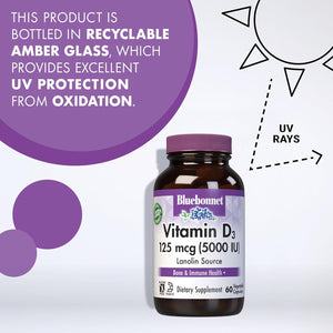 Bluebonnet Nutrition Vitamin D3 5000 IU Vegetable Capsule, Aids in Muscle & Skeletal Growth, Cholecalciferol from Lanolin, D3, Non GMO, Gluten Free, Soy Free, Milk Free, Kosher, 60 Count