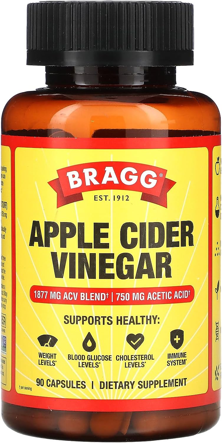 Bragg Apple Cider Vinegar Capsules - Vitamin D3 &amp; Zinc - 750mg of Acetic Acid – Immune &amp; Weight Management Support - Non-GMO, Vegan, Gluten Free, No Sugar (1)