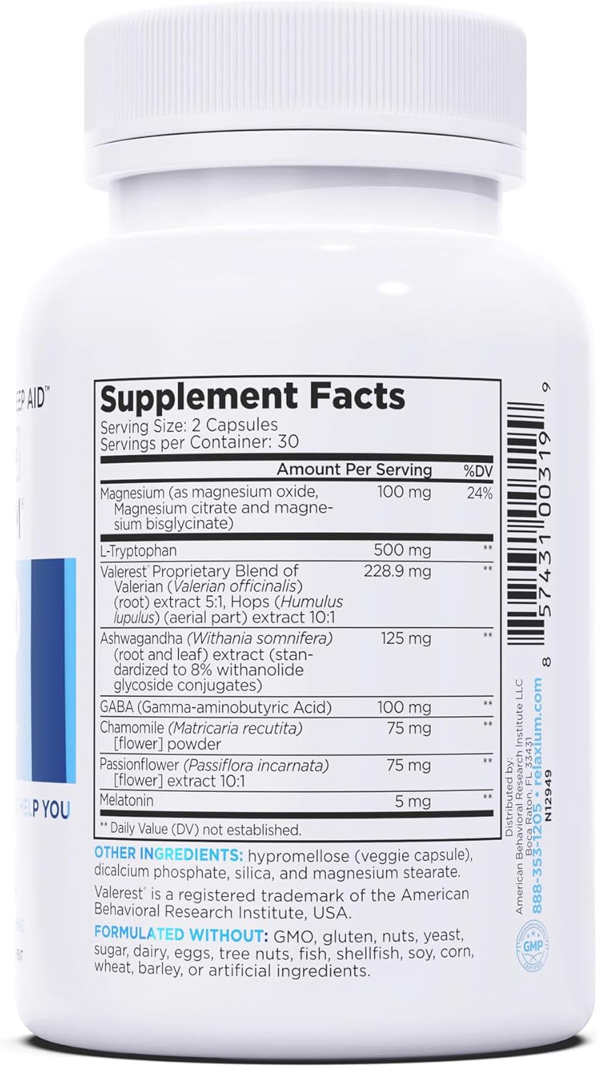 Relaxium Sleep Aid for Adults, Melatonin 5mg with Magnesium Glycinate, Sleep-Promoting Valerest & Ashwagandha, Non-Habit Forming Sleep Supplement, 60 Capsules, 30-Day Supply