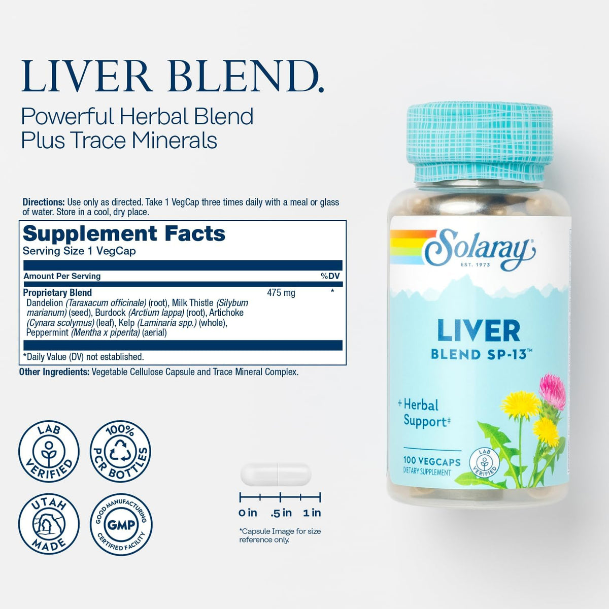 SOLARAY Liver Blend SP-13 - Traditional Herbal Support with Milk Thistle Extract, Dandelion Root, Burdock, Artichoke, Kelp, Peppermint and Trace Minerals - 60-Day Guarantee, 100 Servings, 100 VegCaps