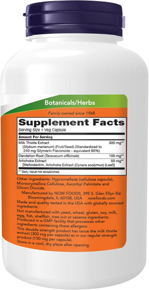 NOW Foods Supplements, Silymarin Milk Thistle Extract 300 mg with Artichoke and Dandelion, Double Strength, Supports Liver Function*, 250 Veg Capsules
