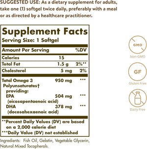 SOLGAR Triple Strength Omega 3 950 mg - 50 Softgels - Supports Joint & Skin Health - Non-GMO, Gluten Free, Dairy Free - 50 Servings