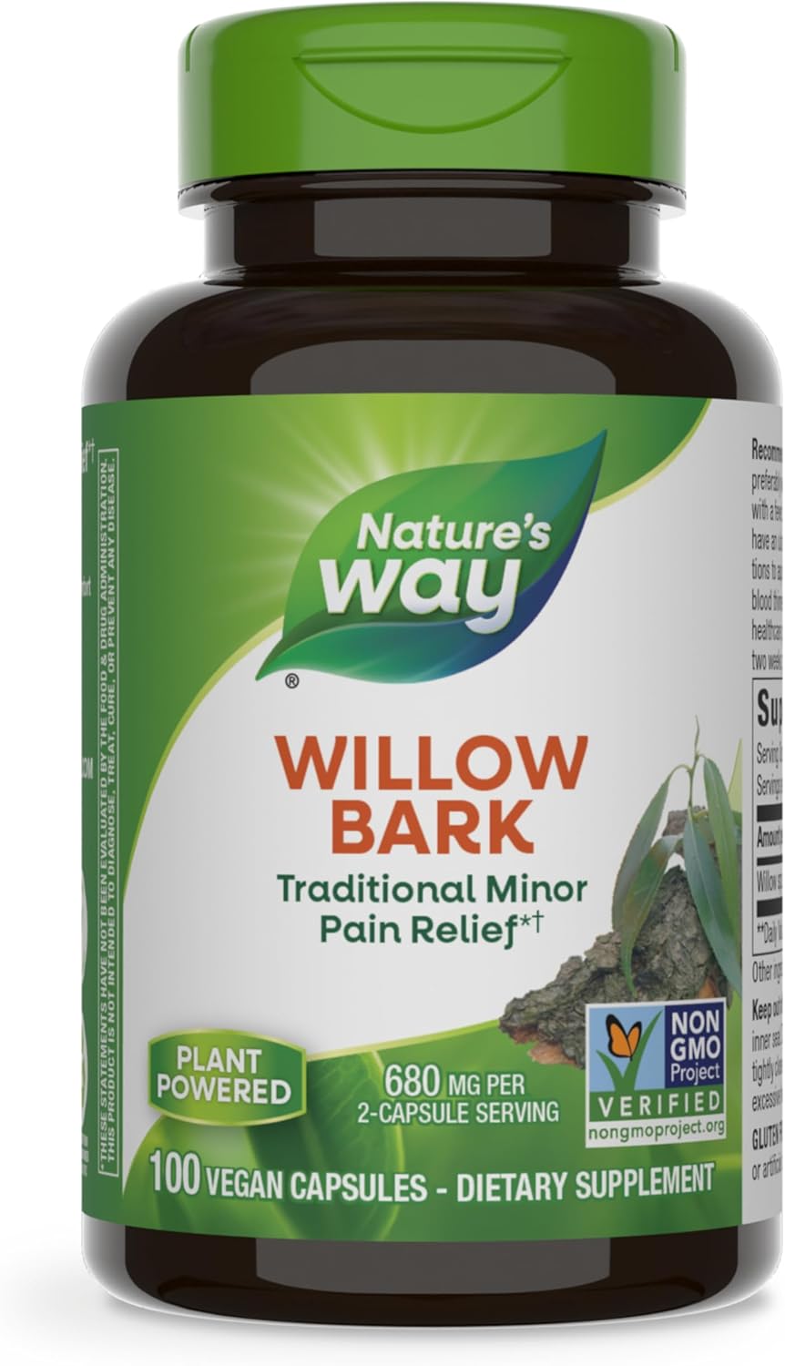 Nature&#39;s Way Willow Bark, Traditional Relief of Discomfort Due to Occasional Overexertion*, Non-GMO Project Verified, 680 mg per Serving, 100 Vegan Capsules