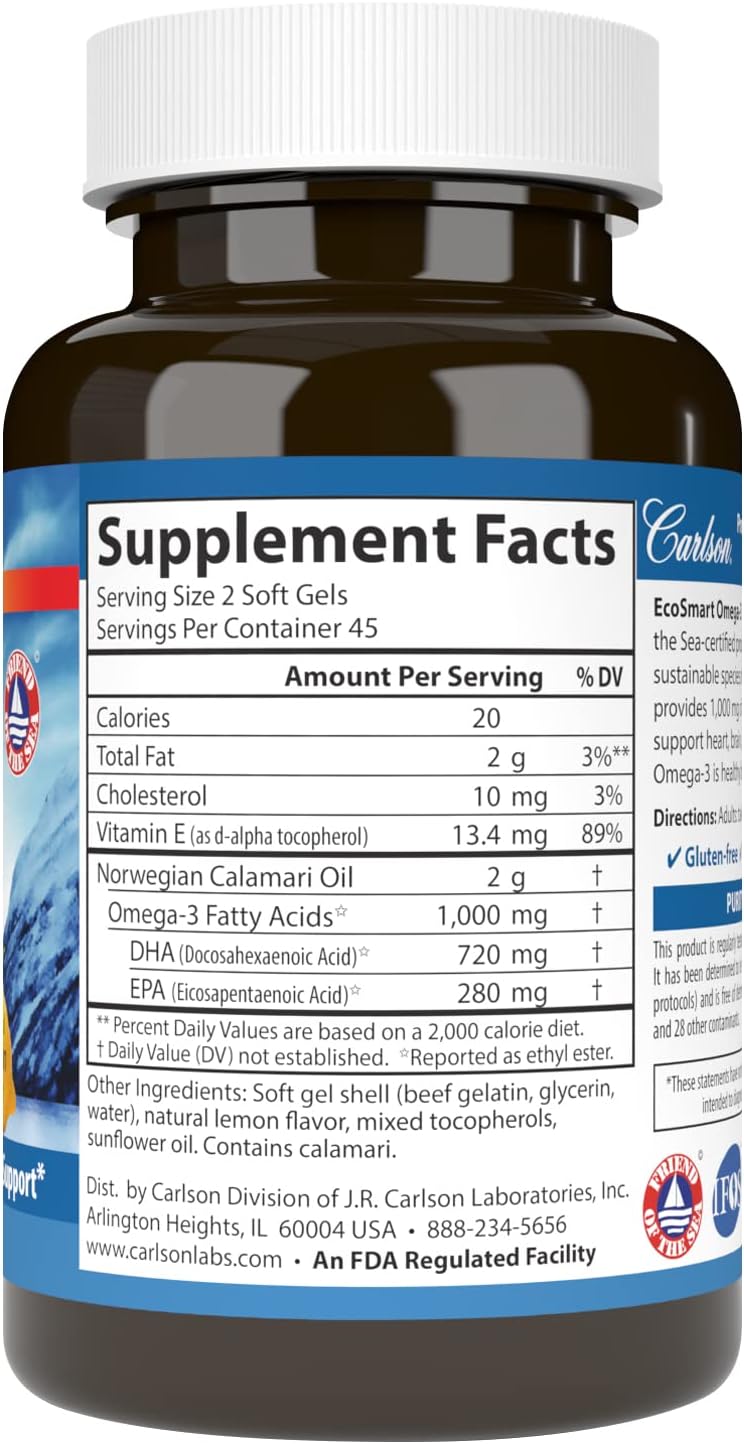 Carlson - EcoSmart Omega-3, Sustainable Source, Promotes Heart, Brain, Vision &amp; Joint Health, Lemon, 90 soft gels