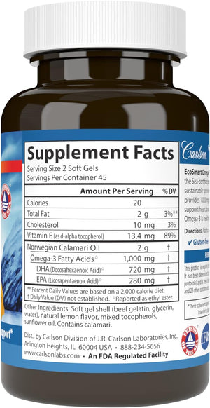 Carlson - EcoSmart Omega-3, Sustainable Source, Promotes Heart, Brain, Vision & Joint Health, Lemon, 90 soft gels