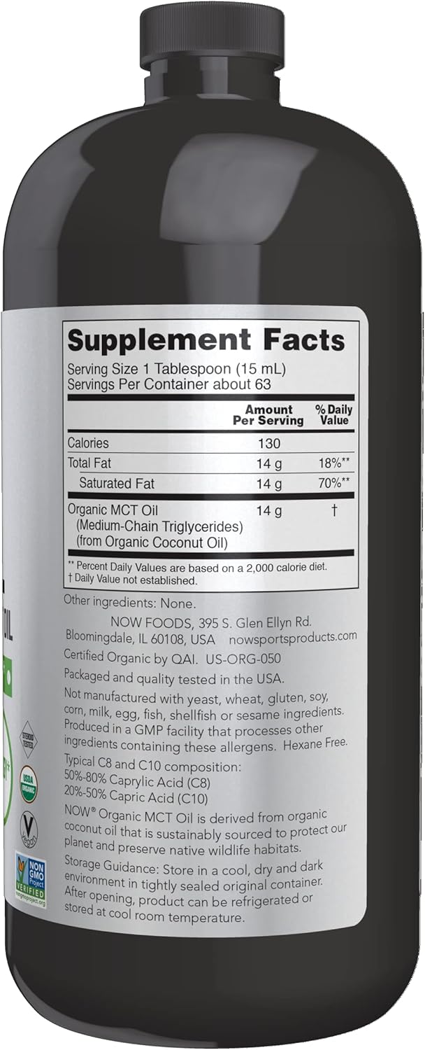NOW Sports Nutrition, Organic MCT (Medium-chain triglycerides) Oil (in Plastic), 32-Ounce