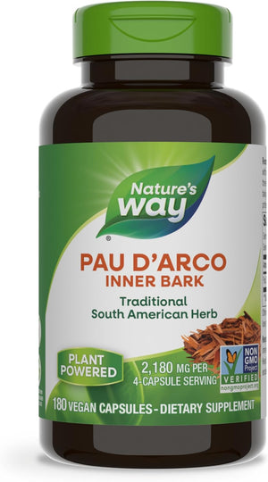 Nature's Way Pau d'Arco Inner Bark, Traditional South American Herb, 2,180 mg per 4-Capsule Serving, Non-GMO Project Verified, 180 Capsules