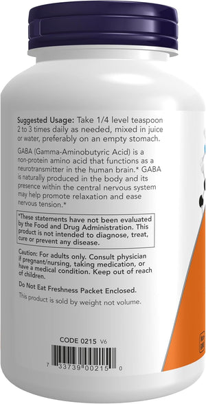 NOW Foods Supplements, GABA (Gamma-Aminobutyric Acid) Powder, Neurotransmitter Support*, 6-Ounce