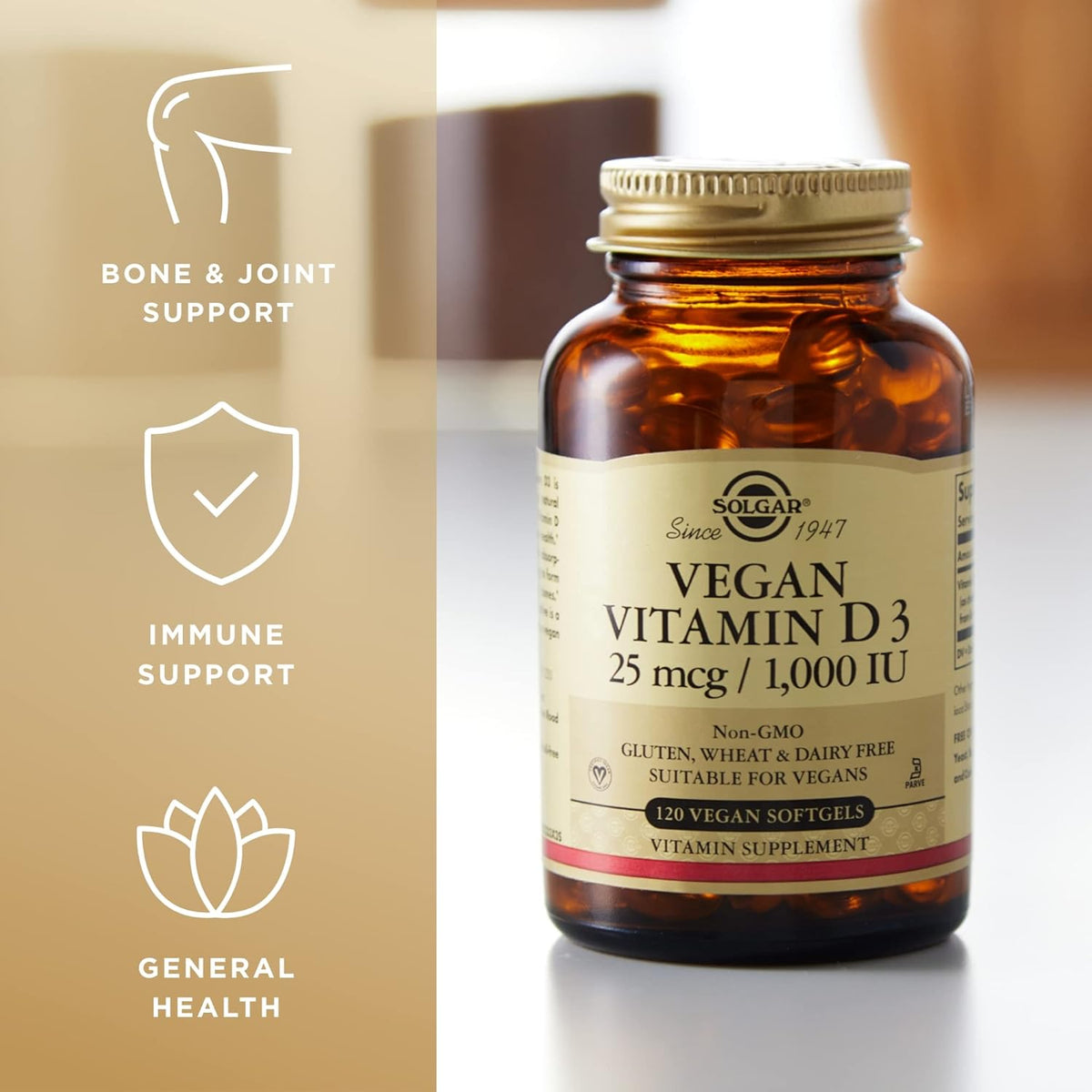 Solgar Vegan Vitamin D3 (Cholecalciferol) 150 mcg (6,000 IU) - 50 Softgels - Immune Support - Helps Maintain Healthy Bones &amp; Teeth - Non-GMO, Certified Vegan, Gluten &amp; Dairy Free - 50 Servings