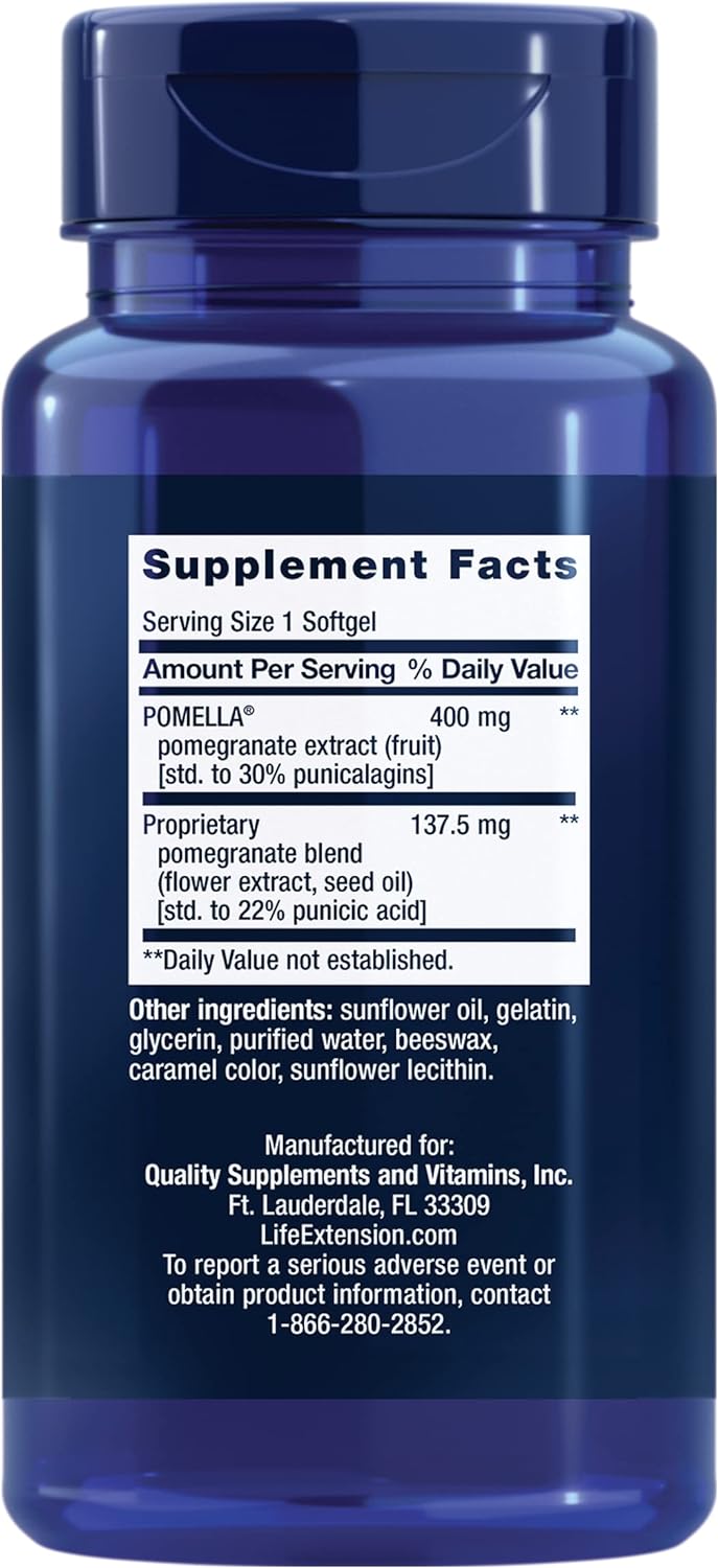 Life Extension Pomegranate Complete, Fruit Extract, Flower, Seed Oil Extract, Cardiovascular Health, antioxidant Support, superfood Supplement, Gluten Free, Non-GMO, 30 softgels