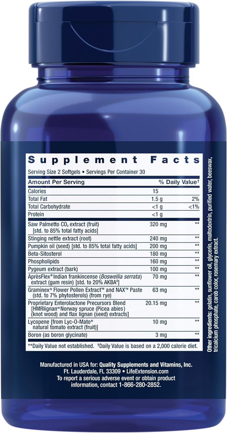 Life Extension Ultra Prostate Formula, saw palmetto for men, pygeum, stinging nettle root, lycopene, 11 nutrients for prostate function, non-GMO, gluten-free, 60 softgels