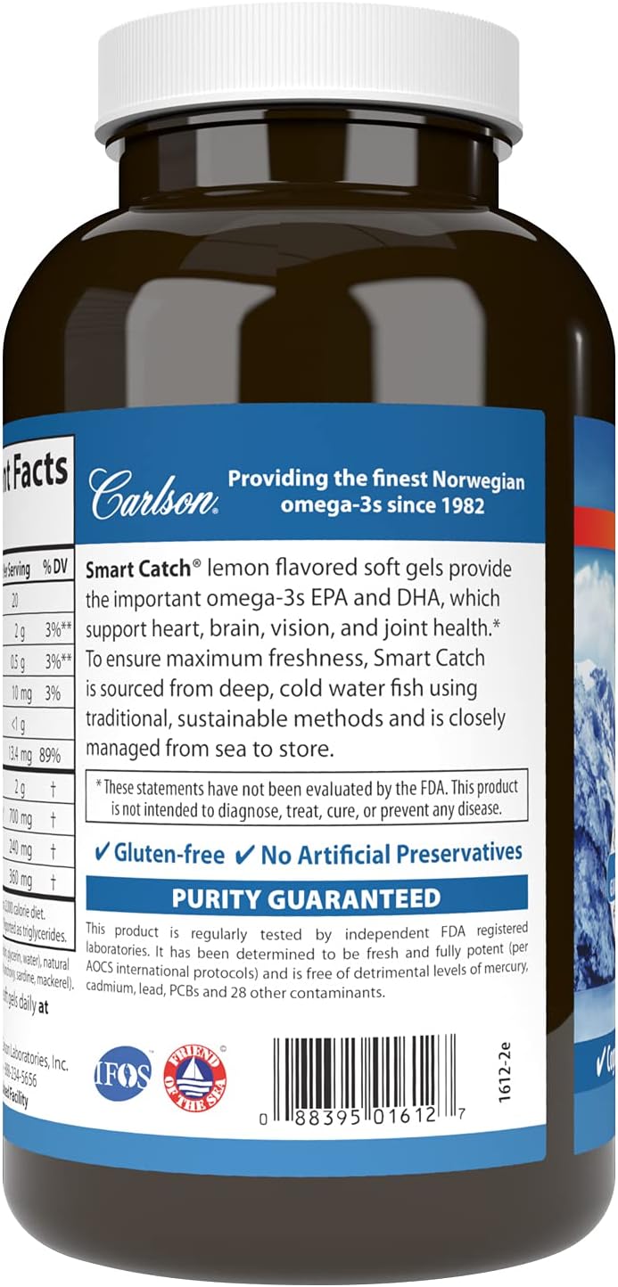 Carlson - Teen&#39;s Smart Catch, 700 mg Omega-3s, Cognitive Development, Brain Function &amp; Vision Support, Lemon, 180 Softgels