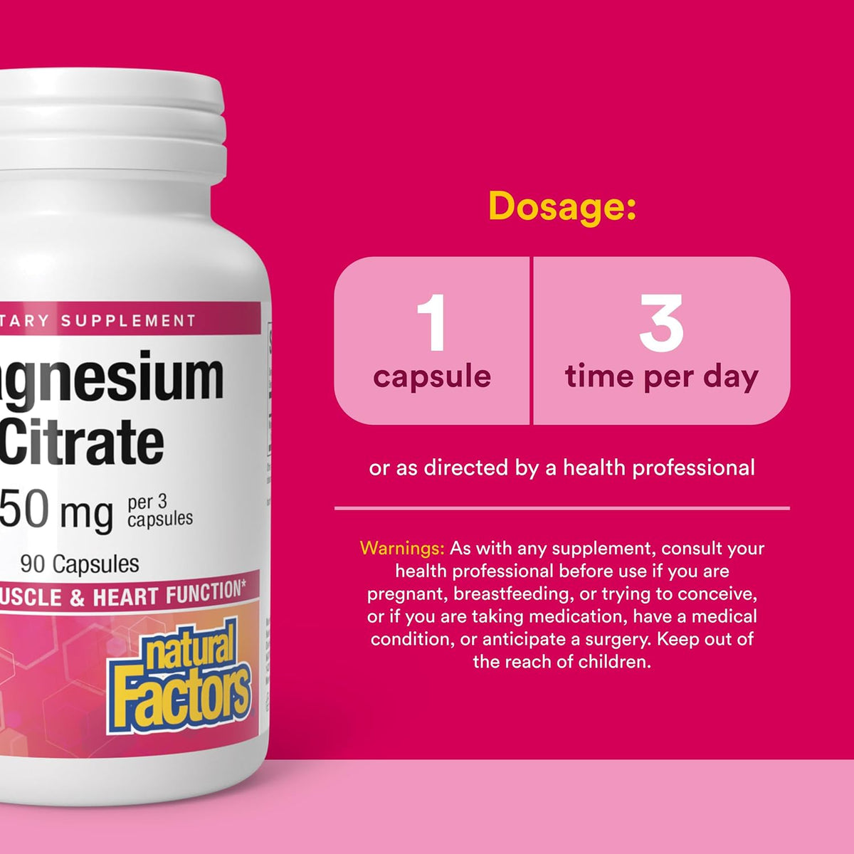Natural Factors Magnesium Citrate 450 mg for Muscle &amp; Heart*, 90 Capsules
