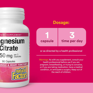 Natural Factors Magnesium Citrate 450 mg for Muscle & Heart*, 90 Capsules