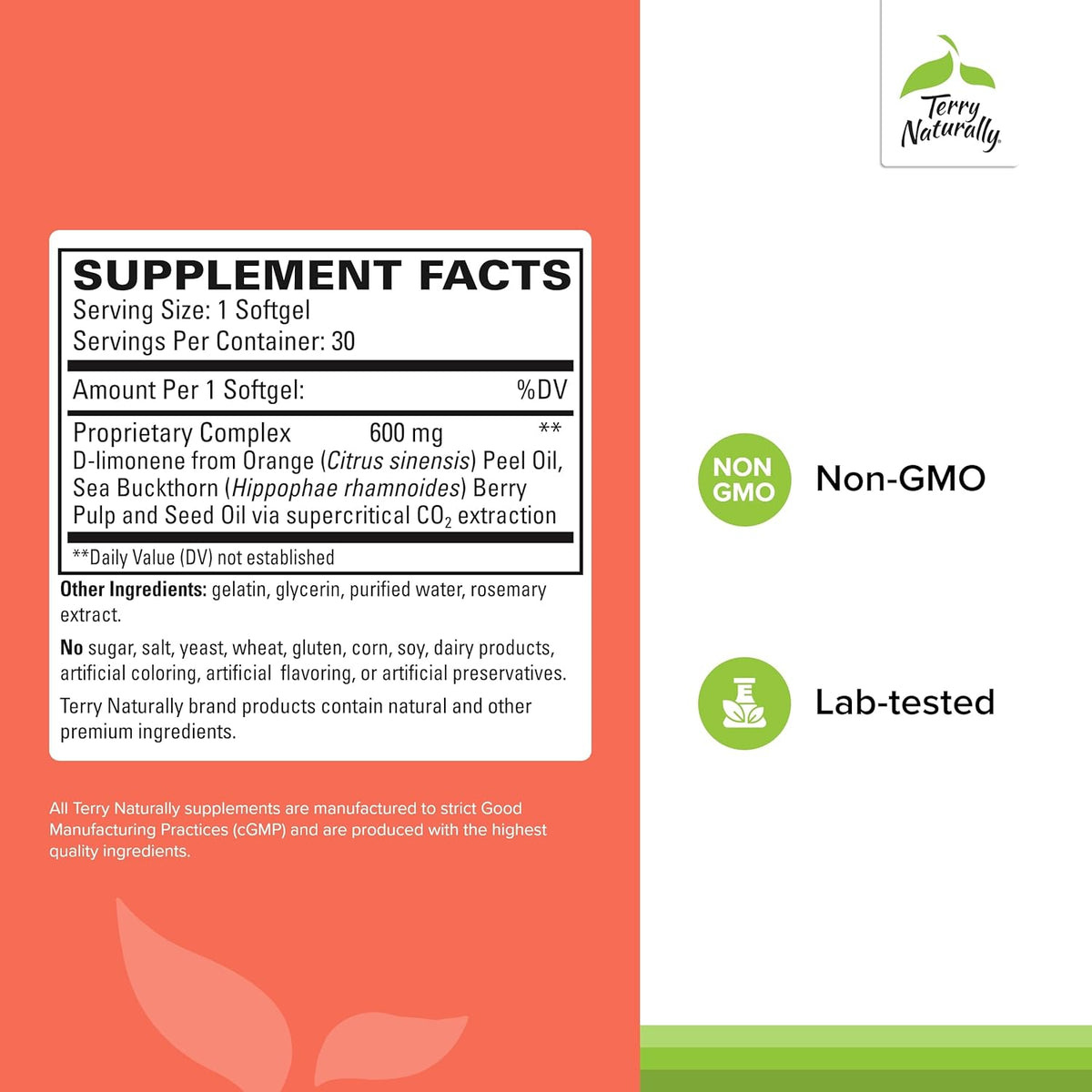 Terry Naturally Heartburn Rescue - Dietary Supplement to Aid Acid Indigestion Relief - Digestive Health Support with D-Limonene & Sea Buckthorn - Aids Occasional Heartburn Relief - 30 Softgels