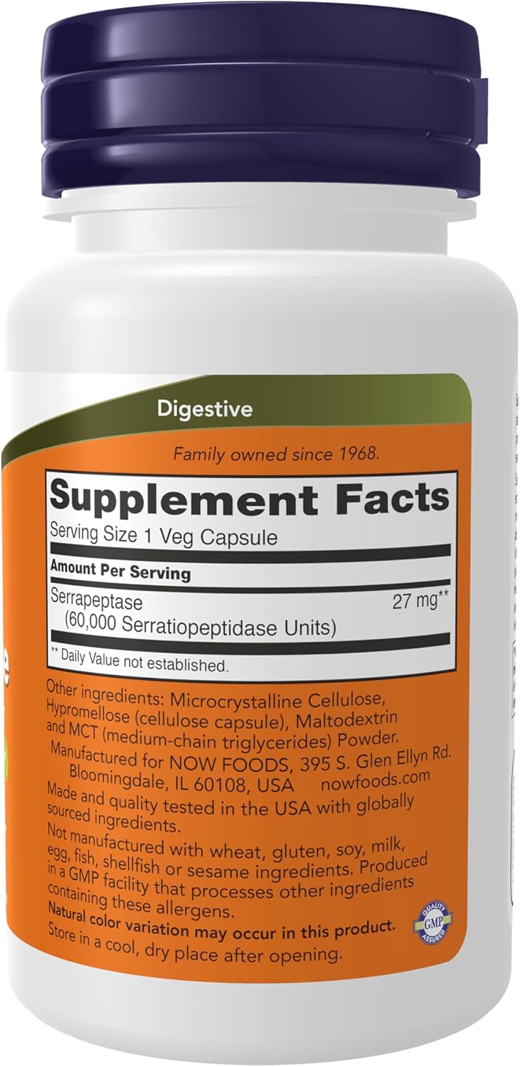NOW Foods Supplements, Serrapeptase 60,000 Units of Activity, Promotes Respiratory Health and Immune Function*, 60 Veg Capsules