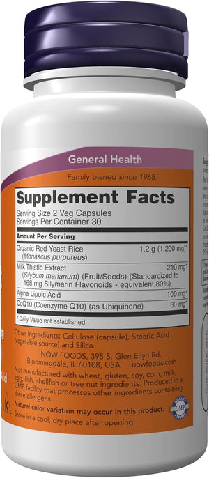 NOW Foods Supplements, Red Yeast Rice with CoQ10, plus Milk Thistle & Alpha Lipoic Acid, 60 Veg Capsules