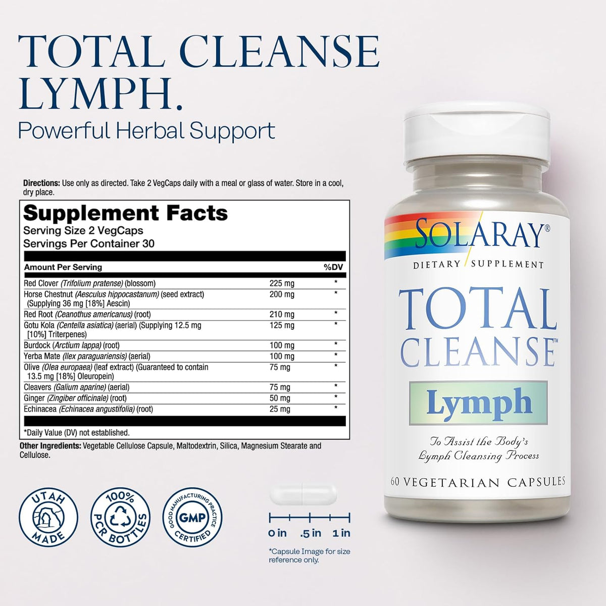 SOLARAY Total Cleanse Lymph - Herbal Wellness Complex - Ginger Root, Echinacea, Yerba Mate, Burdock Root, Red Clover, Gotu Kola and Horse Chestnut Supplement, 60-Day Guarantee, 60 VegCaps, 30 Servings