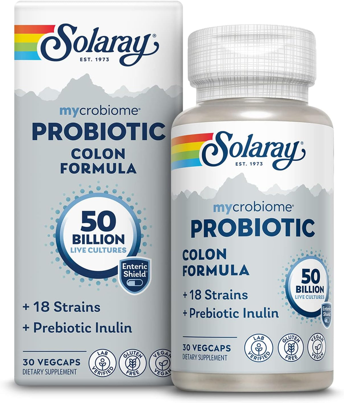 SOLARAY Mycrobiome Probiotic Colon Formula, Vegan, Digestive Function, Colon Health, and Immune System Support, 50 Billion CFU, 18 Strains, Prebiotic Inulin, 60-Day Guarantee, 30 Servings, 30 VegCaps