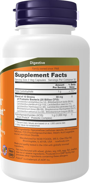 NOW Foods Supplements, Probiotic-10™ & Bifido Boost™ with 10 Strains, 25 Billion CFU Per Serving, plus PreticX™ XOS Prebiotic, 90 Veg Capsules