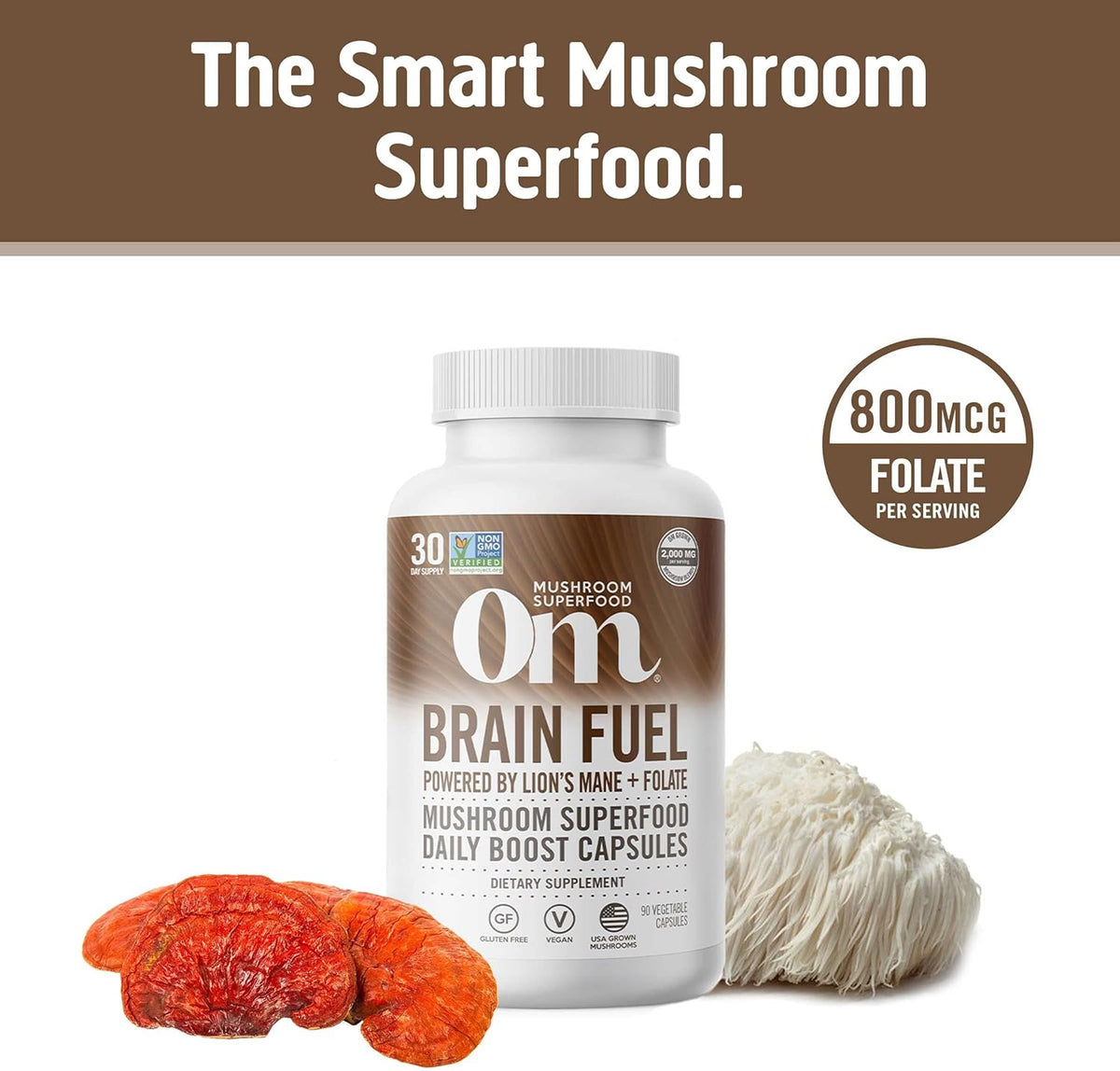 OM MUSHROOM SUPERFOOD Brain Fuel Mushroom Powder Capsules Superfood Supplement, 90 Count, 30 Days, Lion&#39;s Mane, Reishi Blend Plus Folate, Mental Clarity, Mushroom Supplement