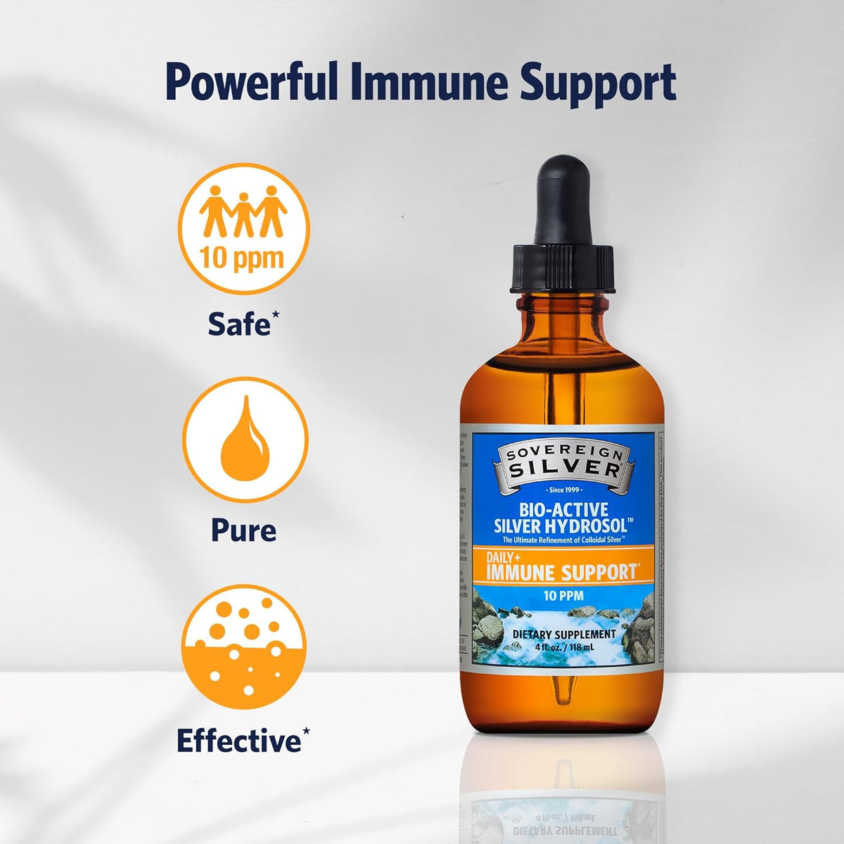 Sovereign Silver Immune Support - Colloidal Silver, Bio-Active Silver Hydrosol, 10 ppm, Liquid Dropper, 4 Fl Oz, (118 mL)