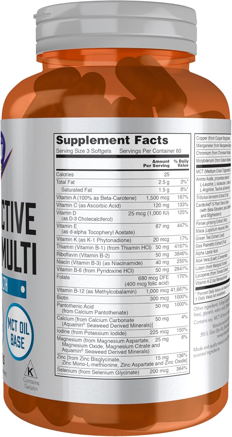 NOW Foods Sports Nutrition, Men&#39;s Extreme Sports Multi with Free-Form Amino Acids, ZMA®, Tribulus, MCT Oil, and Herbal Extracts, 180 Softgels