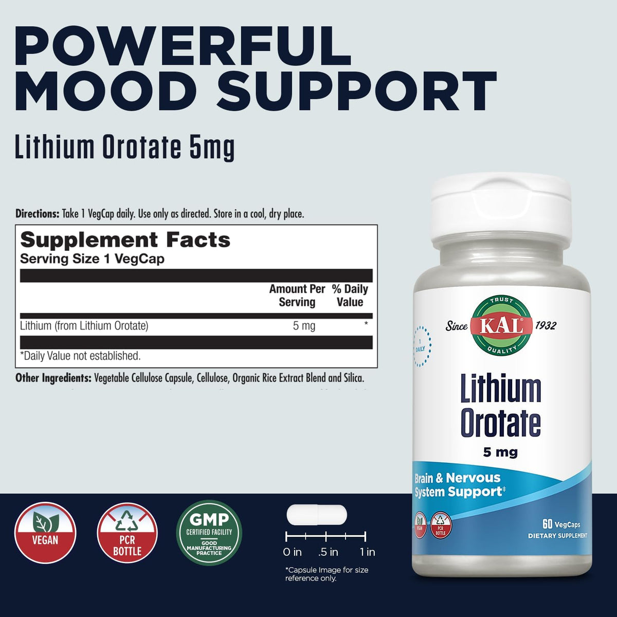 KAL Lithium Orotate 5mg | Low Serving of Chelated Lithium Orotate for Bioavailability &amp; Mood Support | in Organic Rice Bran Extract Base | 60 VegCaps