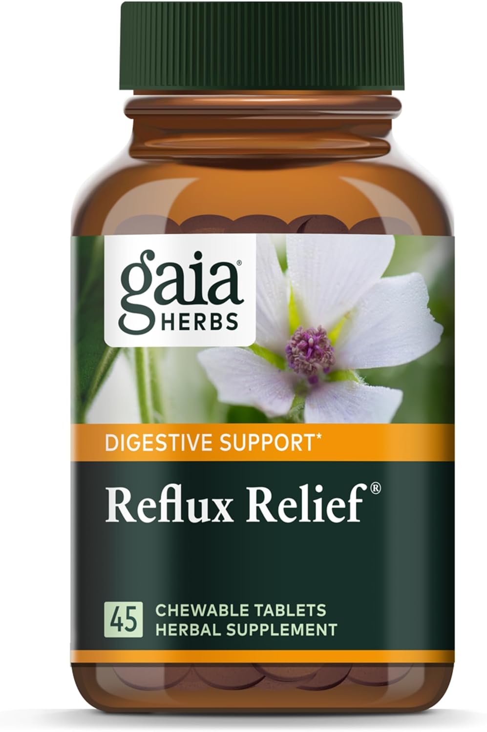 Gaia Herbs Reflux Relief - with Marshmallow Root, Chamomile, Aloe, Licorice, and High Mallow - Helps with Occasional Heartburn and Relieve Indigestion - 45 Chewable Tablets (45-Day Supply)
