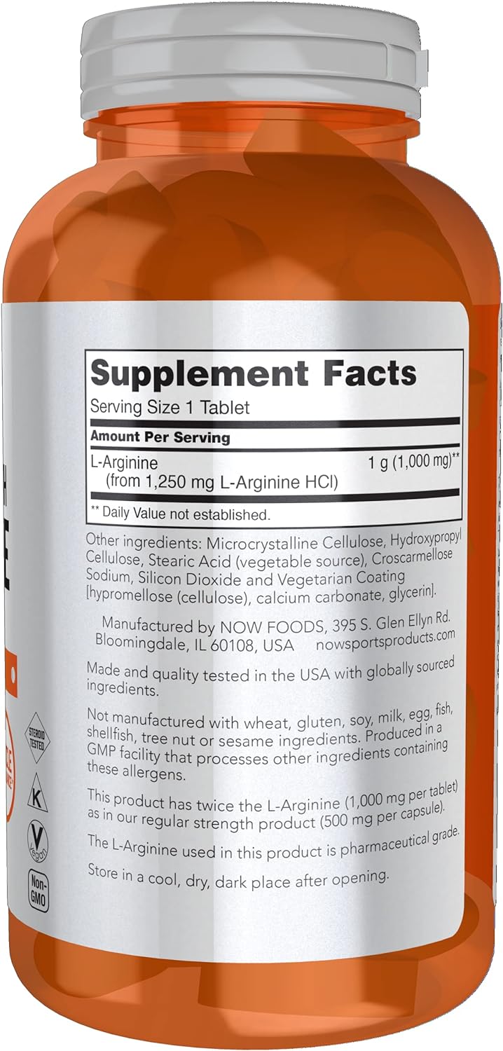 NOW Foods Sports Nutrition, L-Arginine Double Strength 1000mg, Nitric Oxide Precursor, Amino Acids, 180 Tablets
